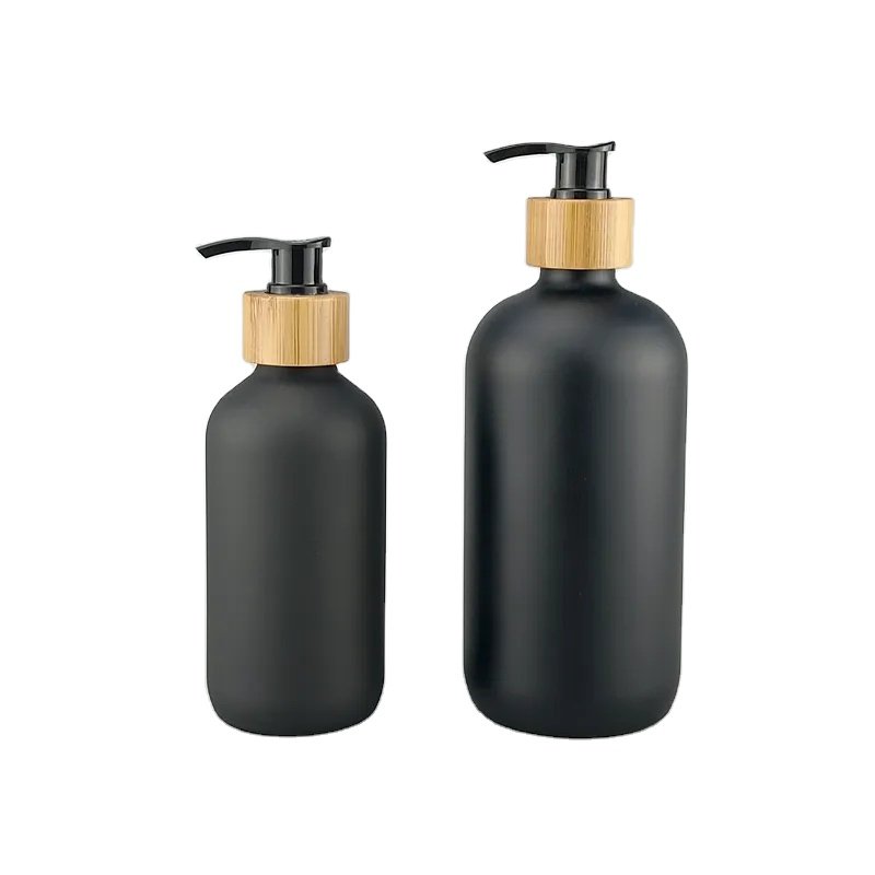 Amber Boston round glass bottle hand soap1 oz 2 oz 4 oz 8 oz 16 oz glass bottle with bamboo pump for hand washing