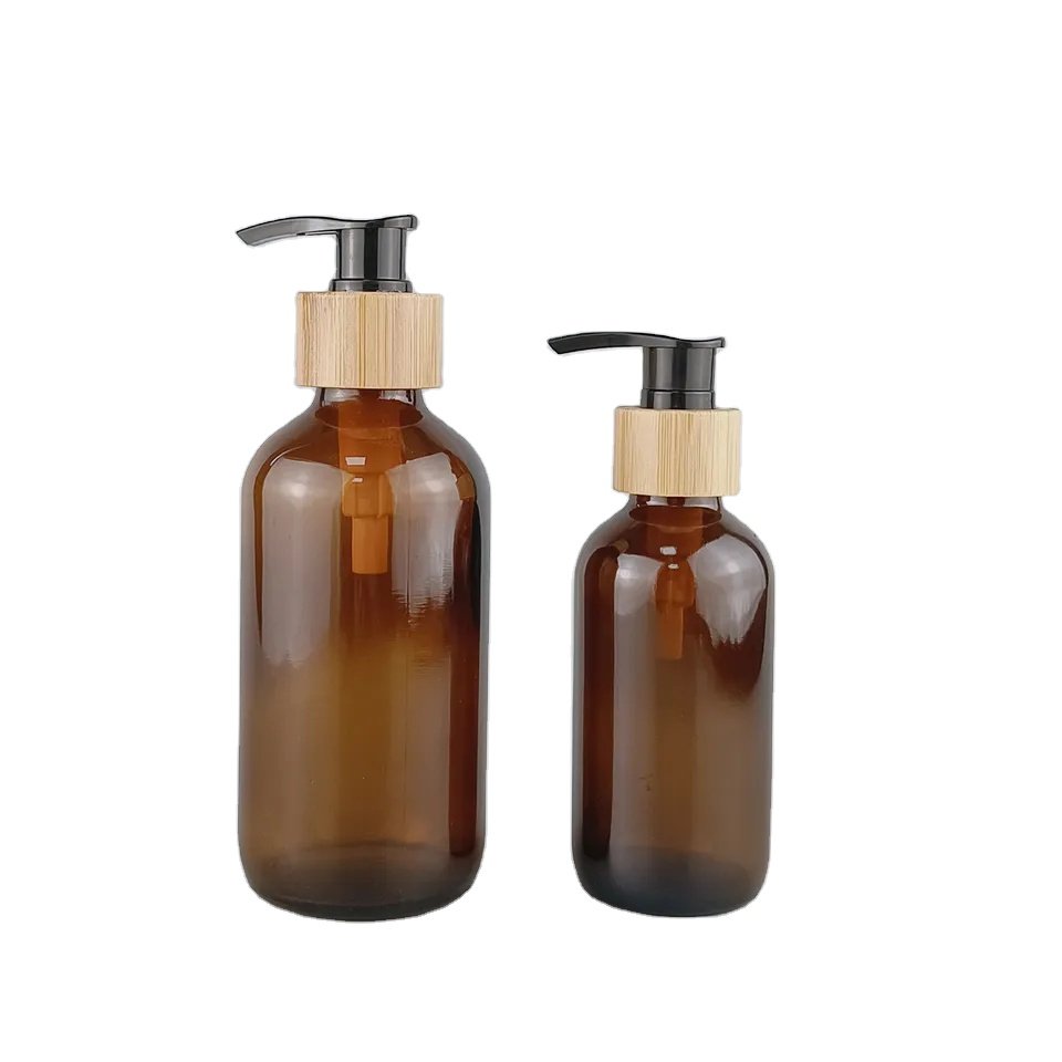 Amber Boston round glass bottle hand soap1 oz 2 oz 4 oz 8 oz 16 oz glass bottle with bamboo pump for hand washing