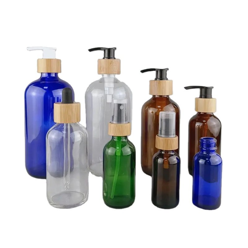 Amber Boston round glass bottle hand soap1 oz 2 oz 4 oz 8 oz 16 oz glass bottle with bamboo pump for hand washing