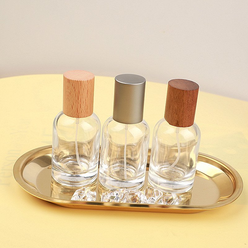 High quality MUB Mini 30ml Decant Perfume Bottle Parfum Glass Bottles Cylinder crimp Spray Bottle with wood cap
