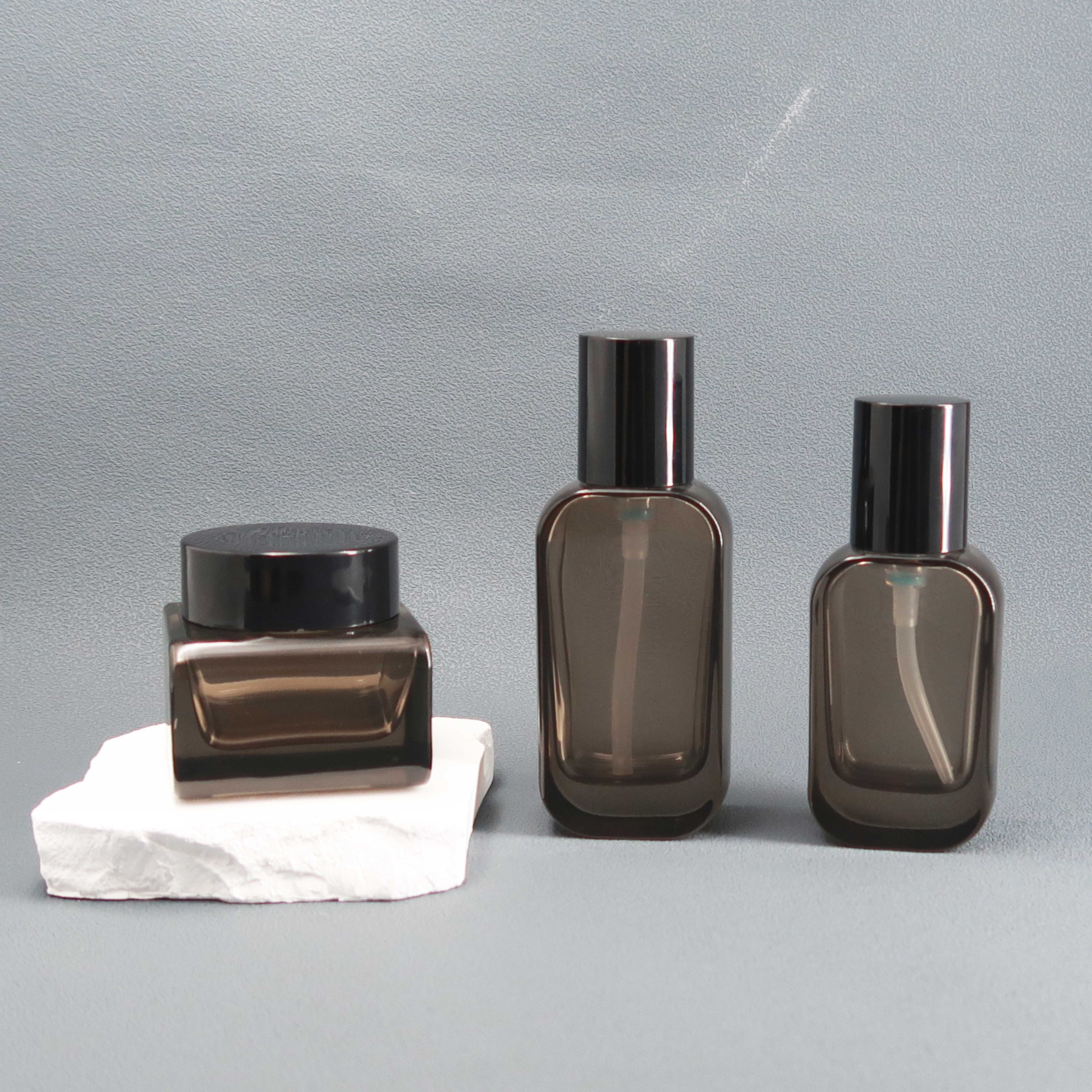 Wholesale grey color glass jar with lid cosmetic custom glass black lotion pump glass bottle for lotion pump