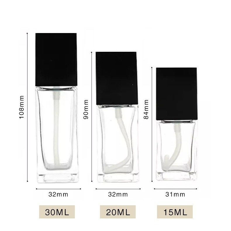 Wholesale Cosmetic Makeup 15ML 20ML 30ML 50ML Square Glass Foundation Pump Bottle Packaging Manufacturer