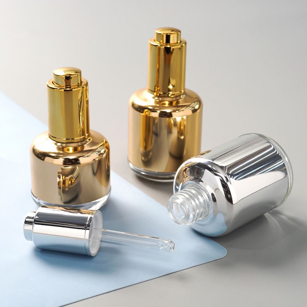 Specializing production glass bottle manufacturers round aluminum gold essence spiral mouth dropper bottle 30ml