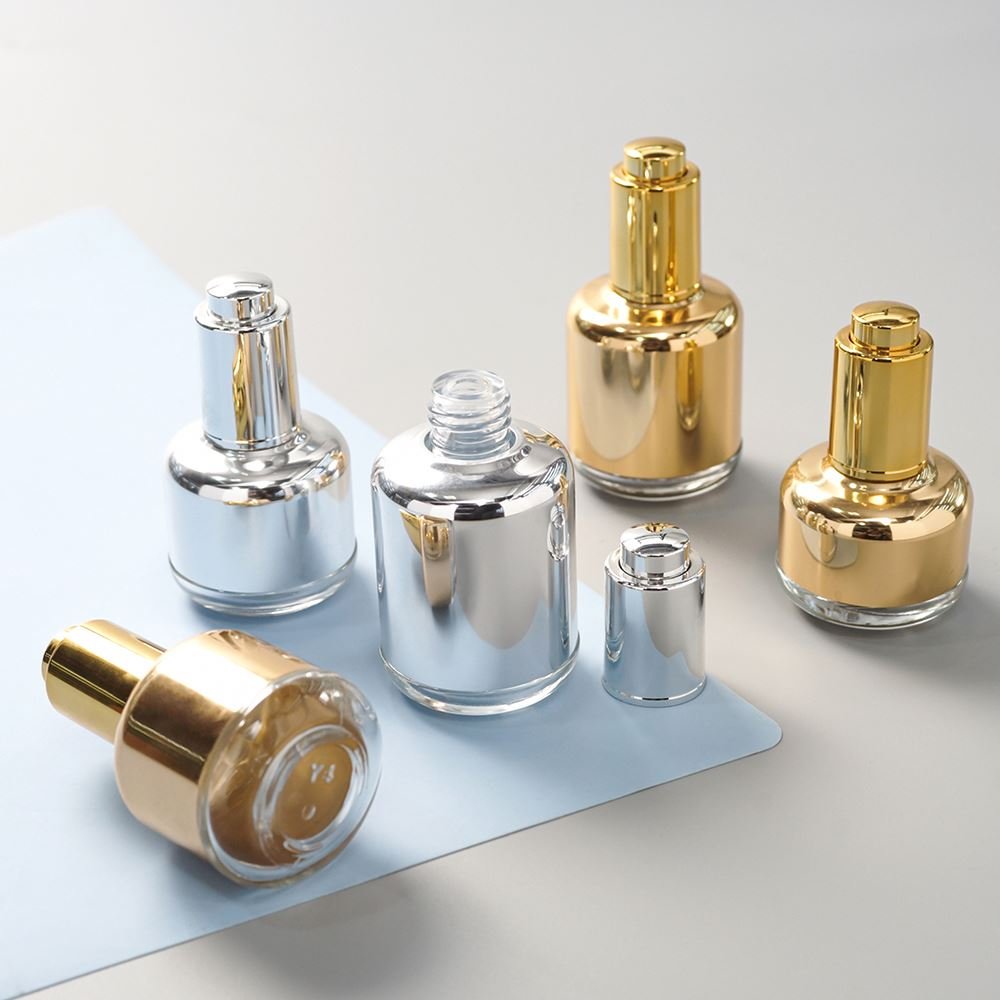 Specializing production glass bottle manufacturers round aluminum gold essence spiral mouth dropper bottle 30ml