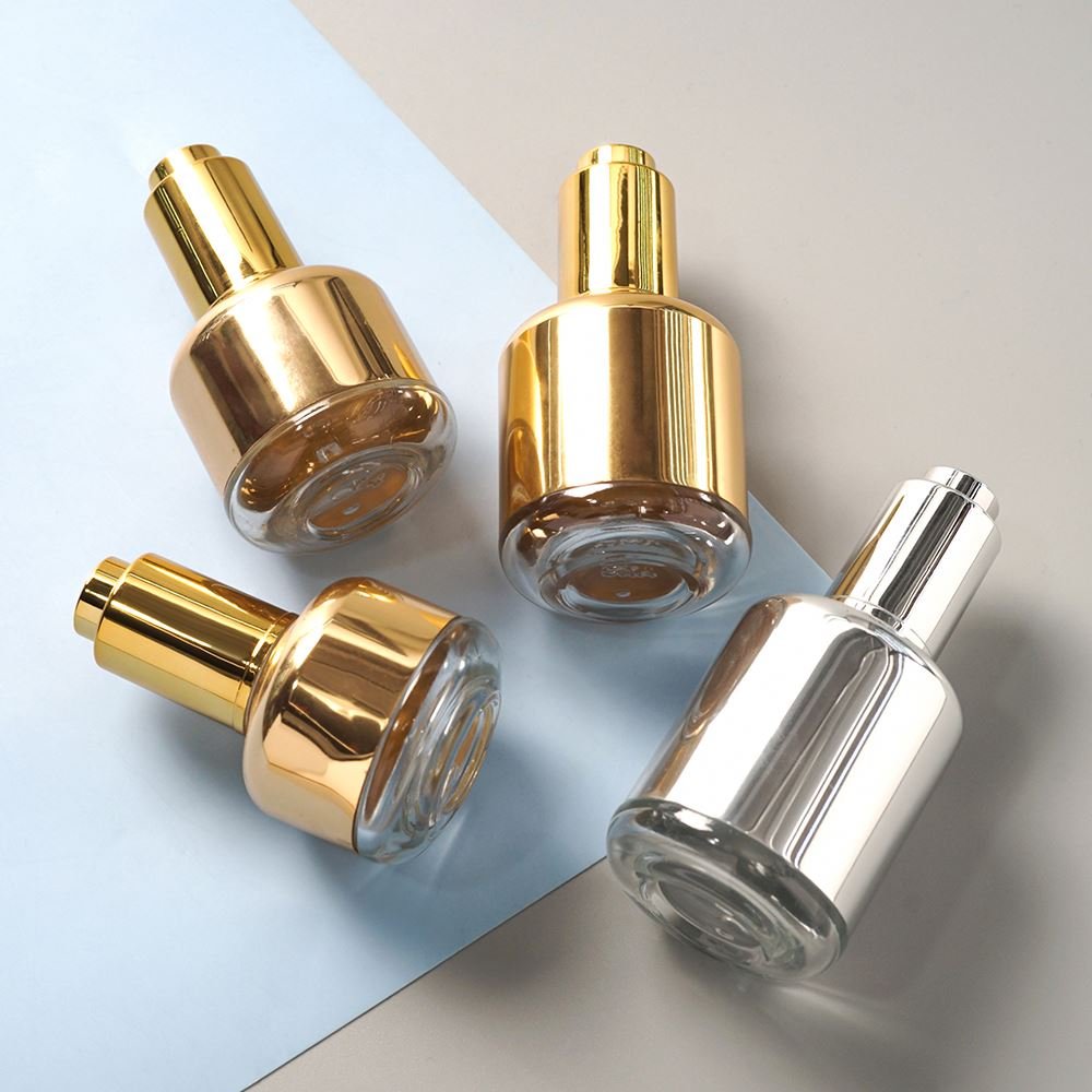 Specializing production glass bottle manufacturers round aluminum gold essence spiral mouth dropper bottle 30ml