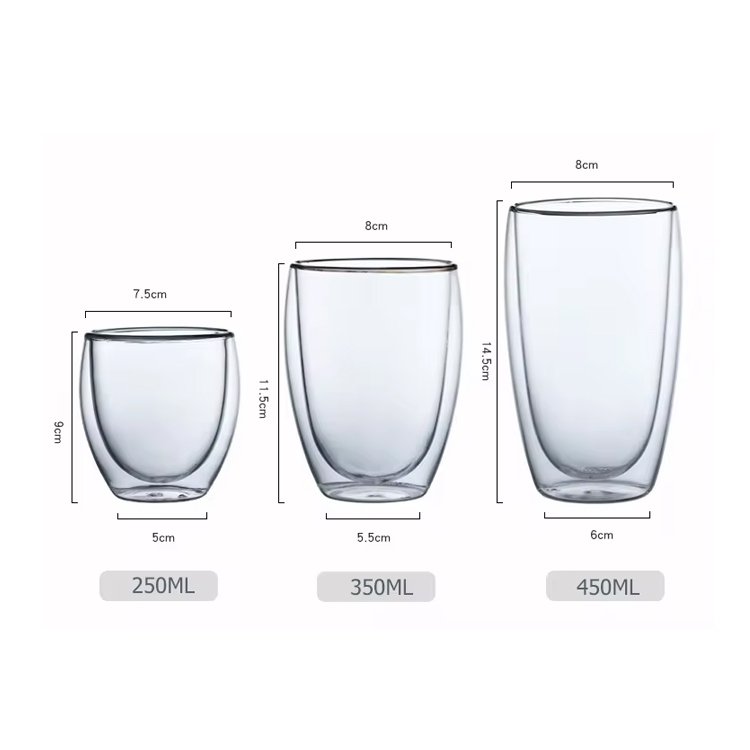 Wholesale 250ml 350ml 450ml transparent double wall borosilicate glass cup