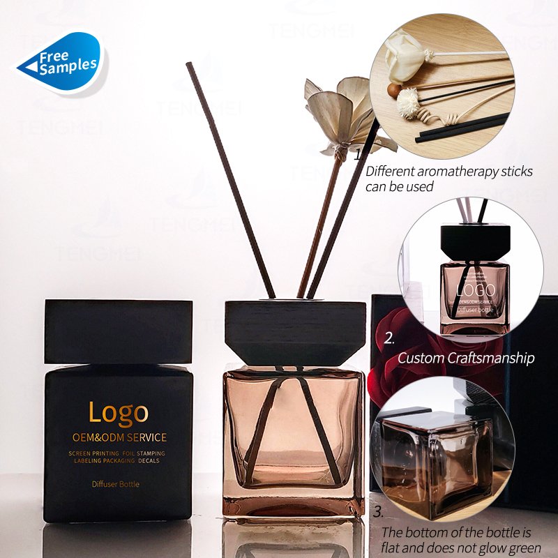 Wholesale 50ml 100ml 150ml 200ml Custom Square Glass Reed Diffuser Bottle Aroma Fragrance Glass Bottle with Wooden Lid