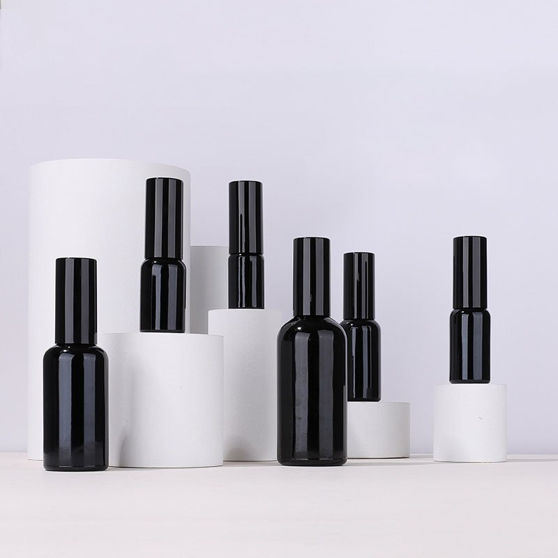 Black glass bottle with aluminum pump empty round glass cosmetic bottle spray 10ml 15ml glass spray bottles