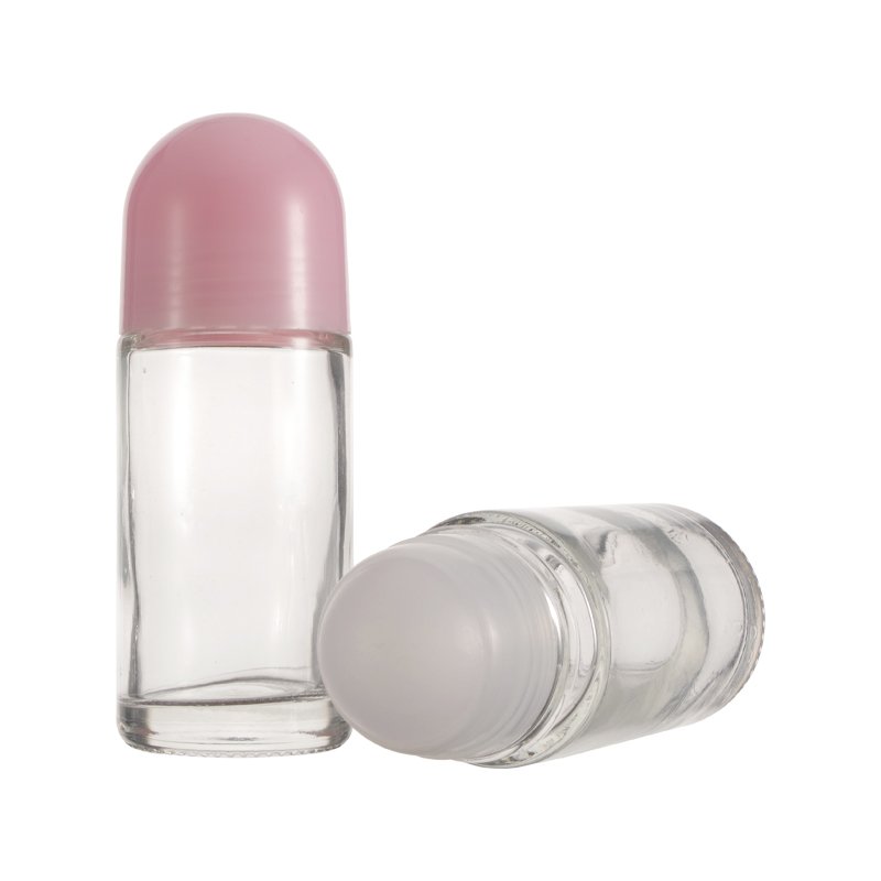 Factory Price Cylinder Roller Bottle Deodorant Perfume Roll On 50 ml Glass Bottle with Customized Colored Plastic Cap