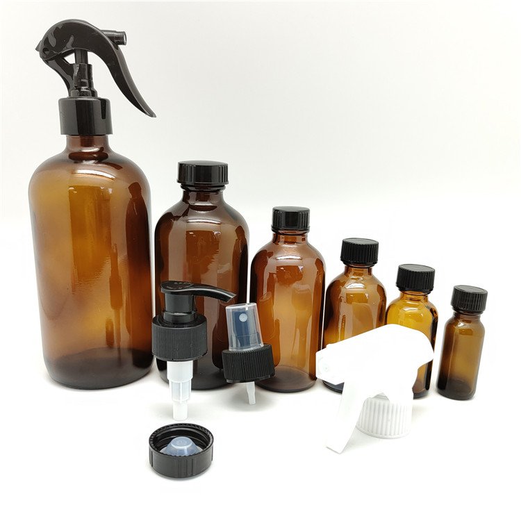 Ready to ship 1/2oz 1oz 2oz 4oz 8oz 16oz 32oz Empty Amber Glass Round Boston Bottles For Essential oils