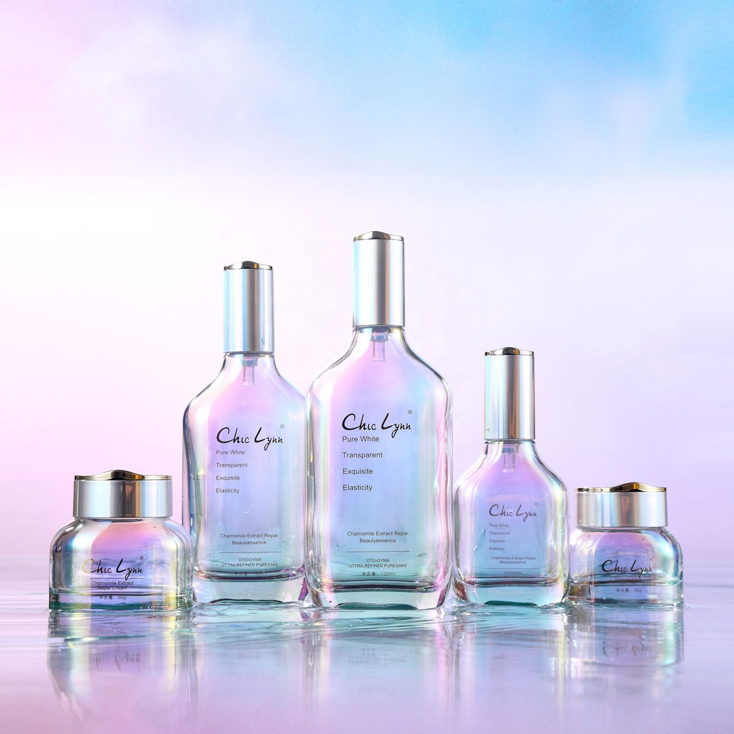 40ml 100ml 120ml 50g 30g skincare cosmetic iridescent holographic lotion glass bottles