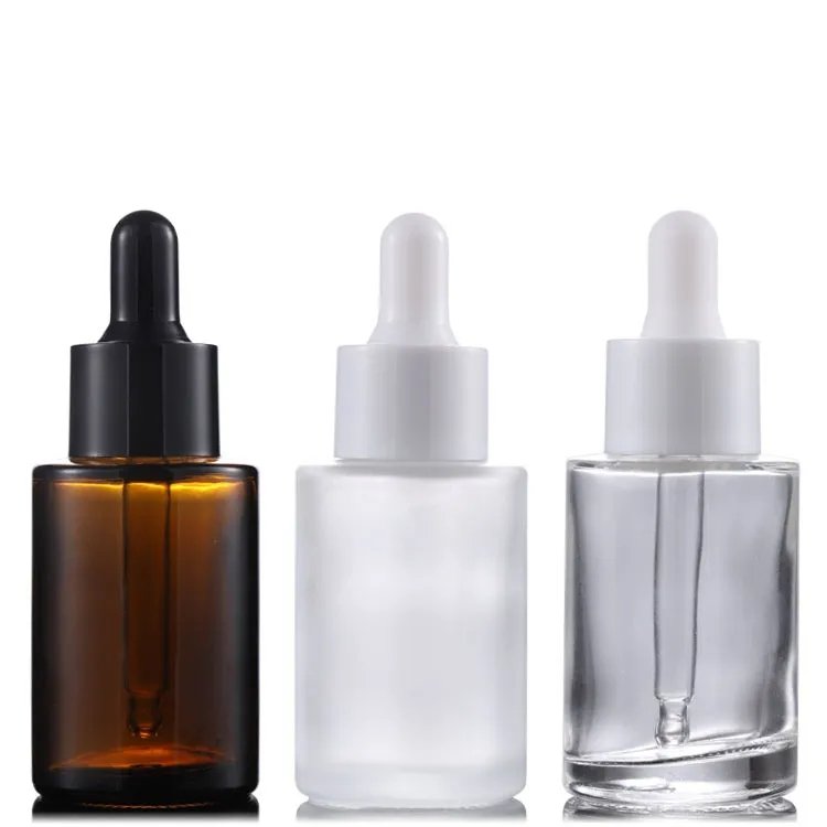 30ml Essential Oil Serum Flat Shoulder Frosted transparent Amber cosmetic package Glass Dropper Bottle