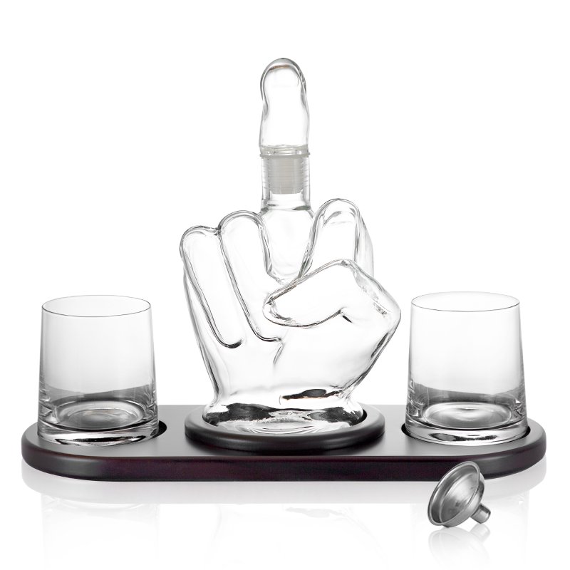 RTS Middle Finger Shaped Glass Bottle Wine Whisky Whiskey Glass and Decanter Set for Tequila Vodka Whisky Gift with 2 Glasses