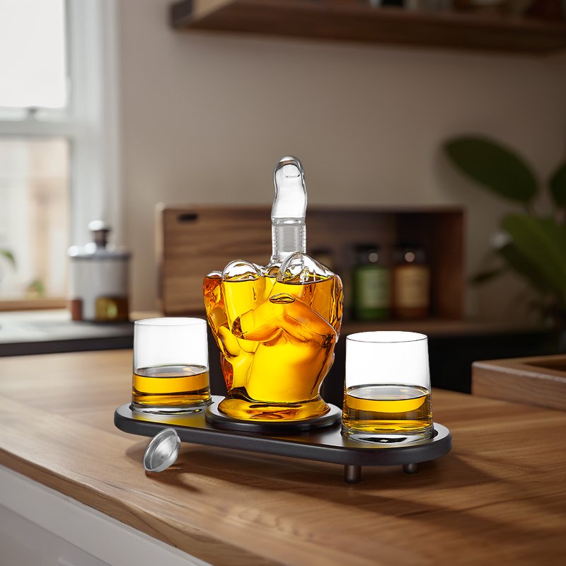 RTS Middle Finger Shaped Glass Bottle Wine Whisky Whiskey Glass and Decanter Set for Tequila Vodka Whisky Gift with 2 Glasses