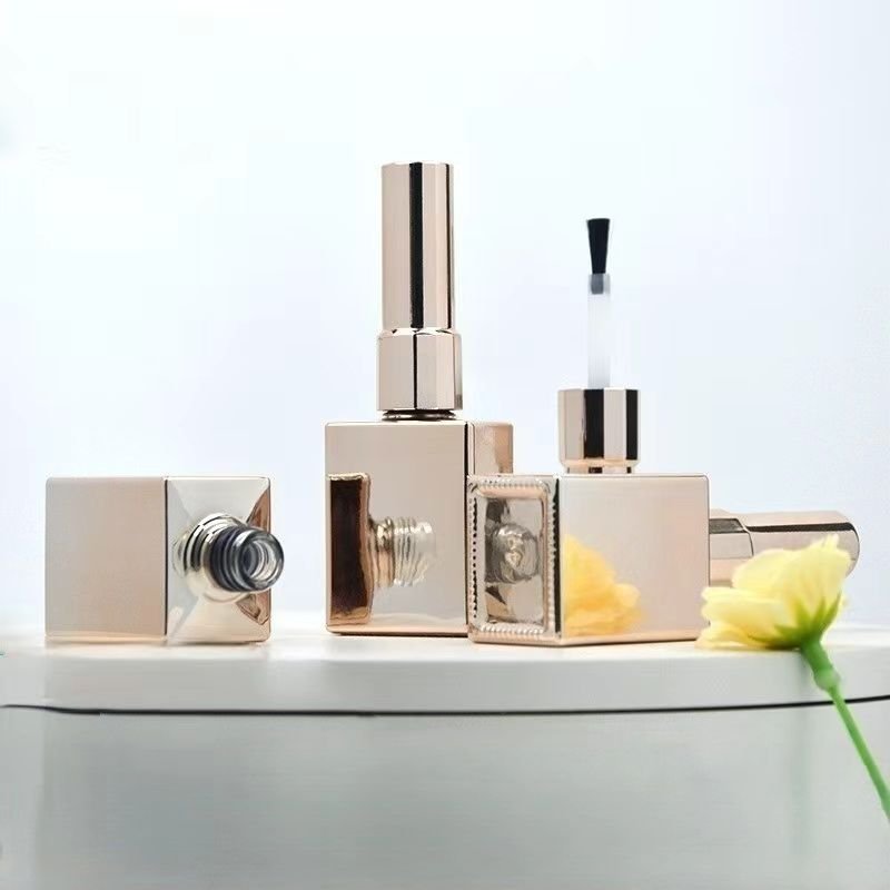 Custom Luxury Rose Gold 15ml Empty Gel Nail Polish Bottle With Cap Brush Spray Color Uv Plating Printed Logo Glass Bottle