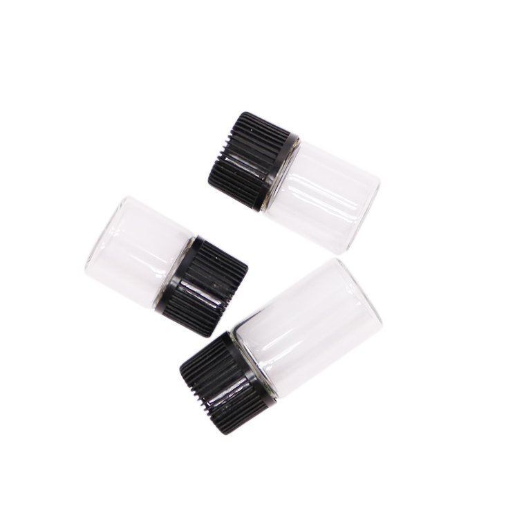 Vials 1ml 2ml 3ml mini clear sample essential oil glass bottles with black screw cap plastic orifice reducer