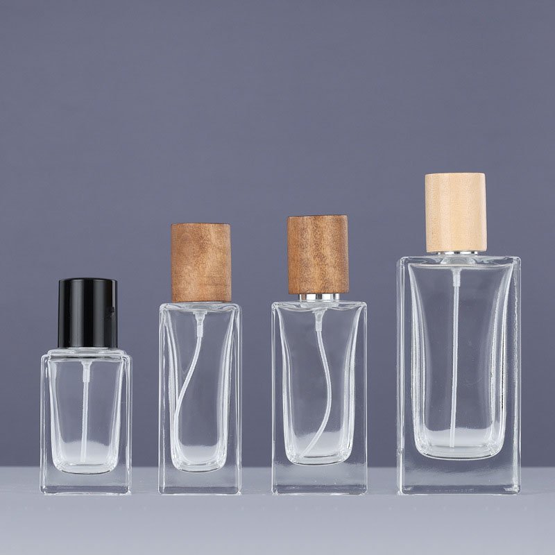 MUB Bulk 50ml square clear transparent portable clamp neck spray glass perfume empty bottle with wood cap