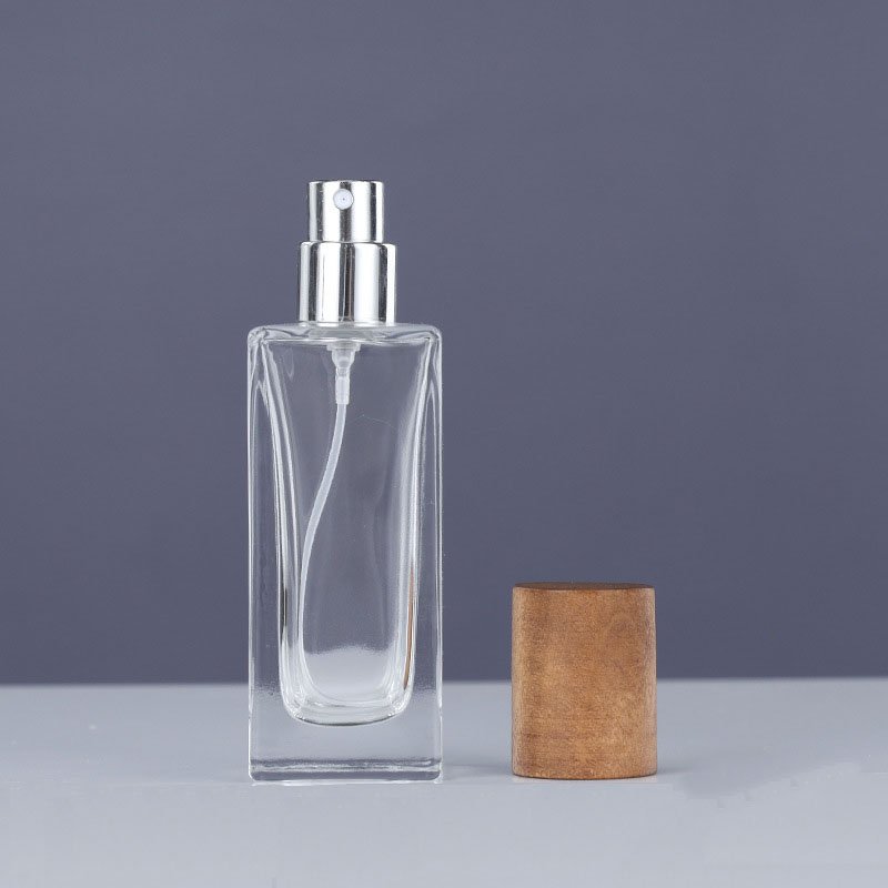 MUB Bulk 50ml square clear transparent portable clamp neck spray glass perfume empty bottle with wood cap