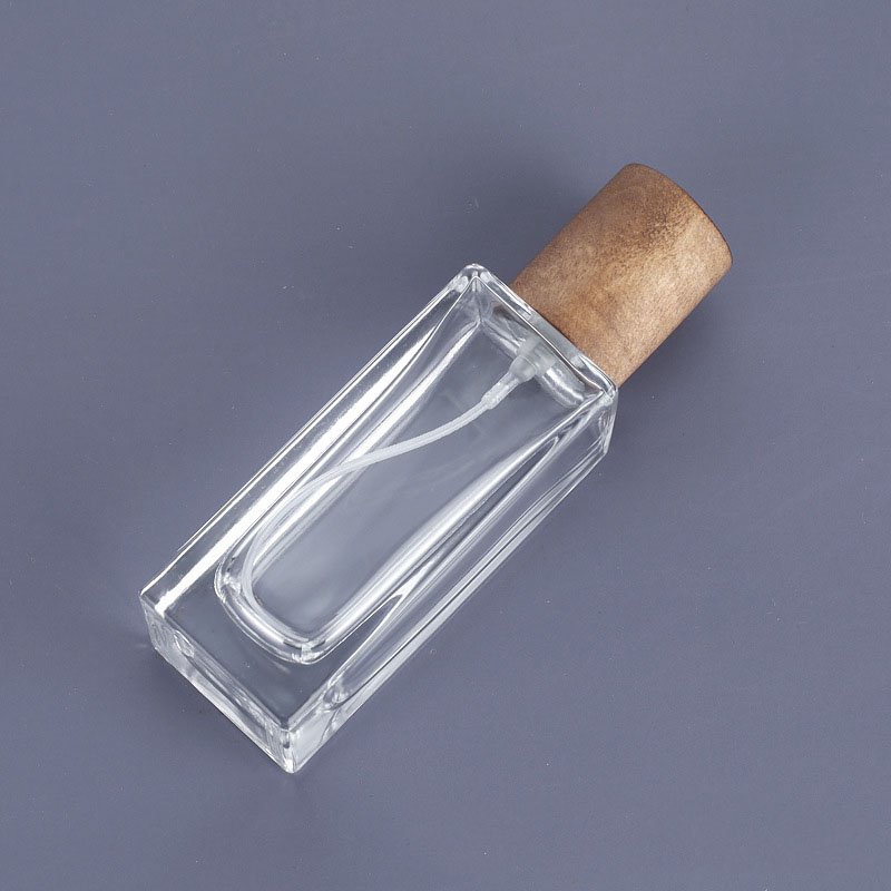 MUB Bulk 50ml square clear transparent portable clamp neck spray glass perfume empty bottle with wood cap
