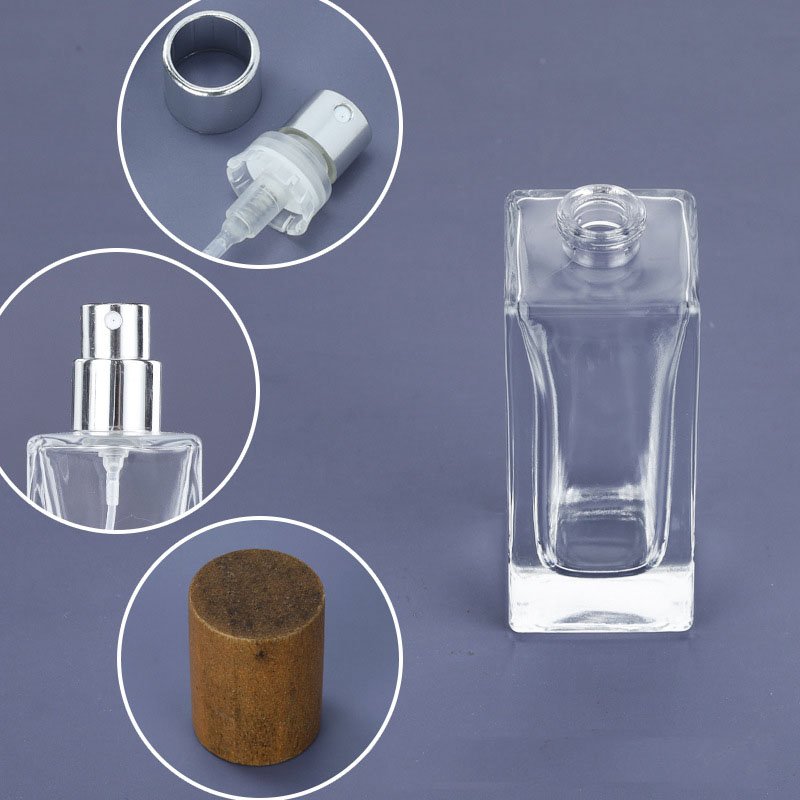 MUB Bulk 50ml square clear transparent portable clamp neck spray glass perfume empty bottle with wood cap