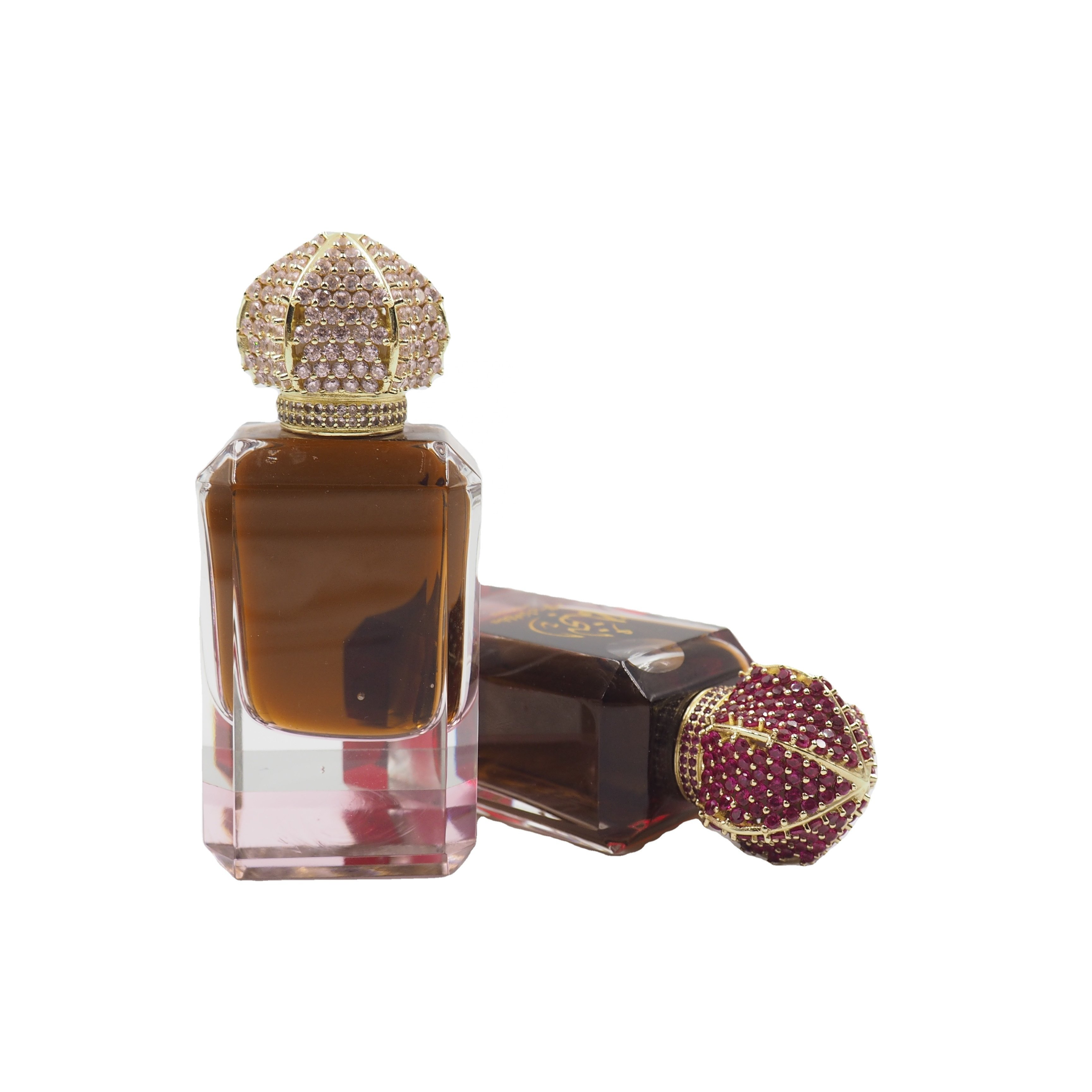Custom 24ml Jewelry Cap Arabian Oud Oil Tola Attar Glass Bottle With Crystal Base