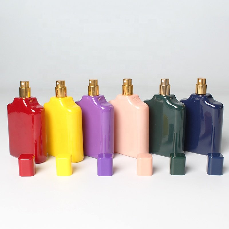 50ml Flat Square Bottle With Blue Green Pink Color and Hot Stamping Glass Perfume Spray Bottles