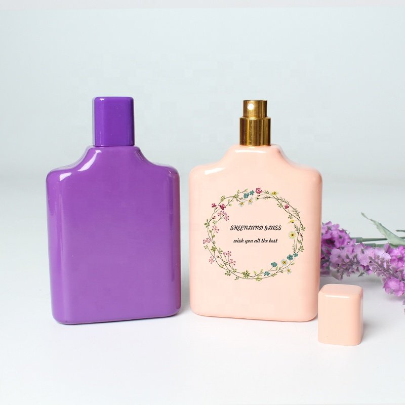 50ml Flat Square Bottle With Blue Green Pink Color and Hot Stamping Glass Perfume Spray Bottles