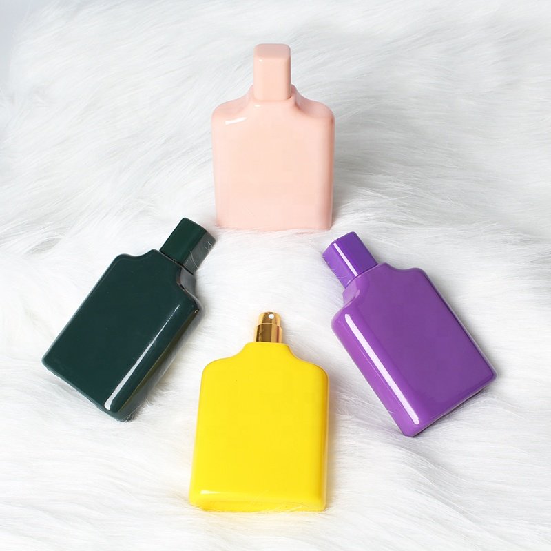 50ml Flat Square Bottle With Blue Green Pink Color and Hot Stamping Glass Perfume Spray Bottles