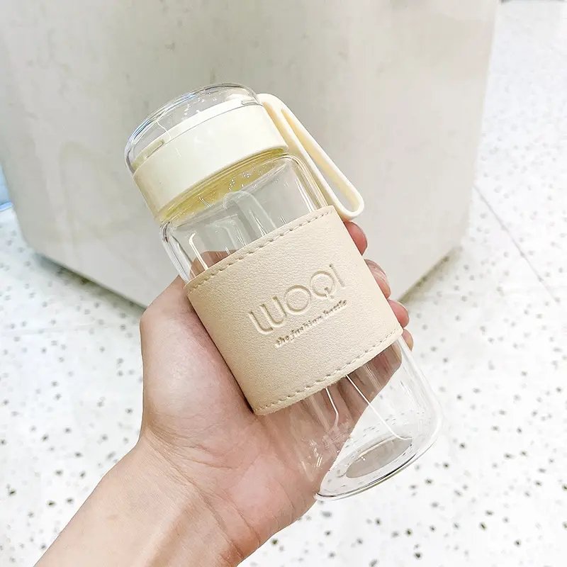 new Insulated leather sleeve transparent clear high borosilicate glass water bottles with filter tea infuser bottle