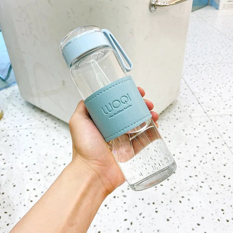 new Insulated leather sleeve transparent clear high borosilicate glass water bottles with filter tea infuser bottle