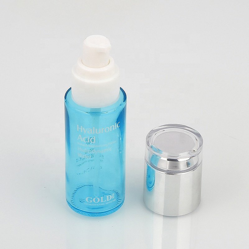 Round blue bottle 30ml 50ml 100ml 1oz Cream Cosmetic Glass Jar Toner Lotion Pump body light blue oil Dropper Glass Bottle