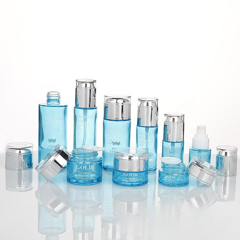 Round blue bottle 30ml 50ml 100ml 1oz Cream Cosmetic Glass Jar Toner Lotion Pump body light blue oil Dropper Glass Bottle