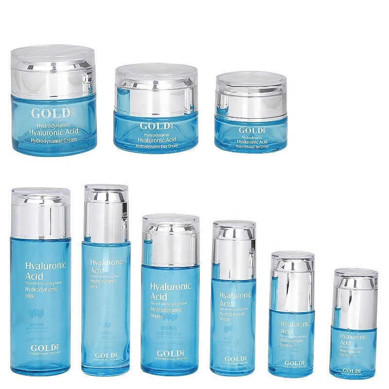 Round blue bottle 30ml 50ml 100ml 1oz Cream Cosmetic Glass Jar Toner Lotion Pump body light blue oil Dropper Glass Bottle