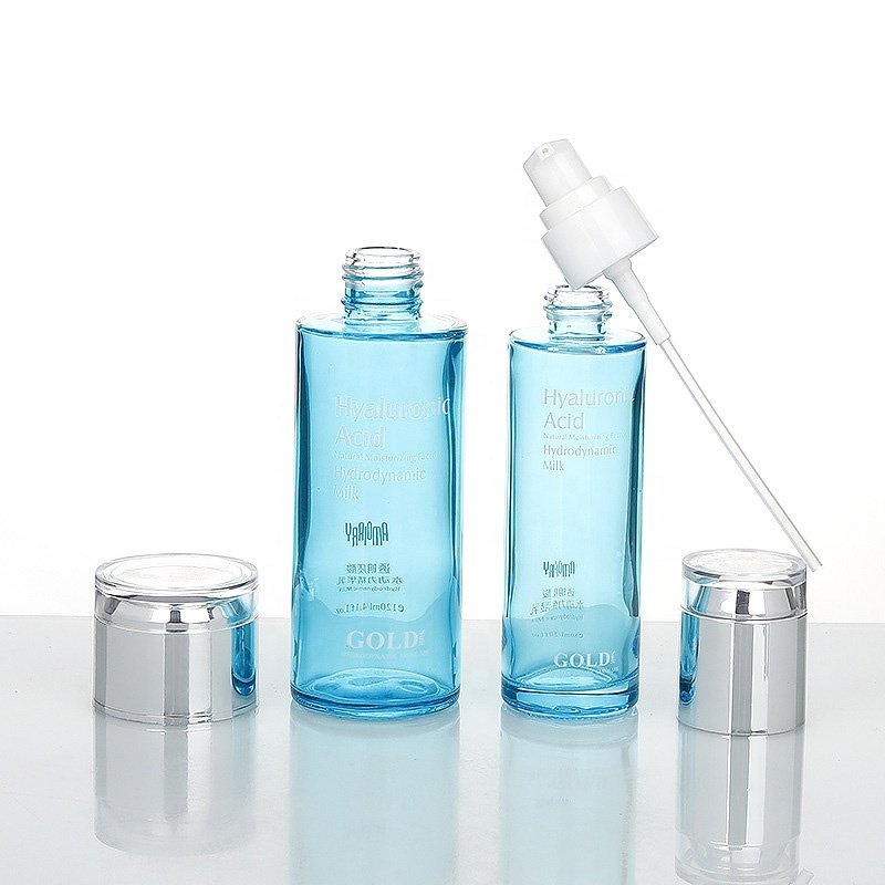 Round blue bottle 30ml 50ml 100ml 1oz Cream Cosmetic Glass Jar Toner Lotion Pump body light blue oil Dropper Glass Bottle