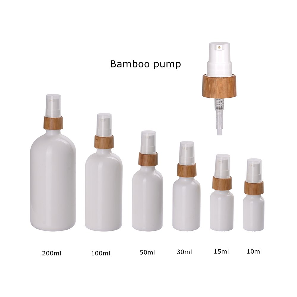 bamboo cosmetic bottle empty opal white glass bottle 10 ml 15 ml 30 ml 50 ml 100 ml cosmetic serum bottle with bamboo pump