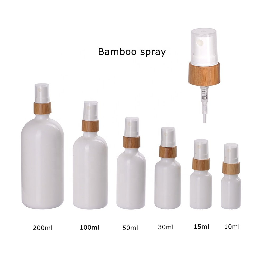 bamboo cosmetic bottle empty opal white glass bottle 10 ml 15 ml 30 ml 50 ml 100 ml cosmetic serum bottle with bamboo pump
