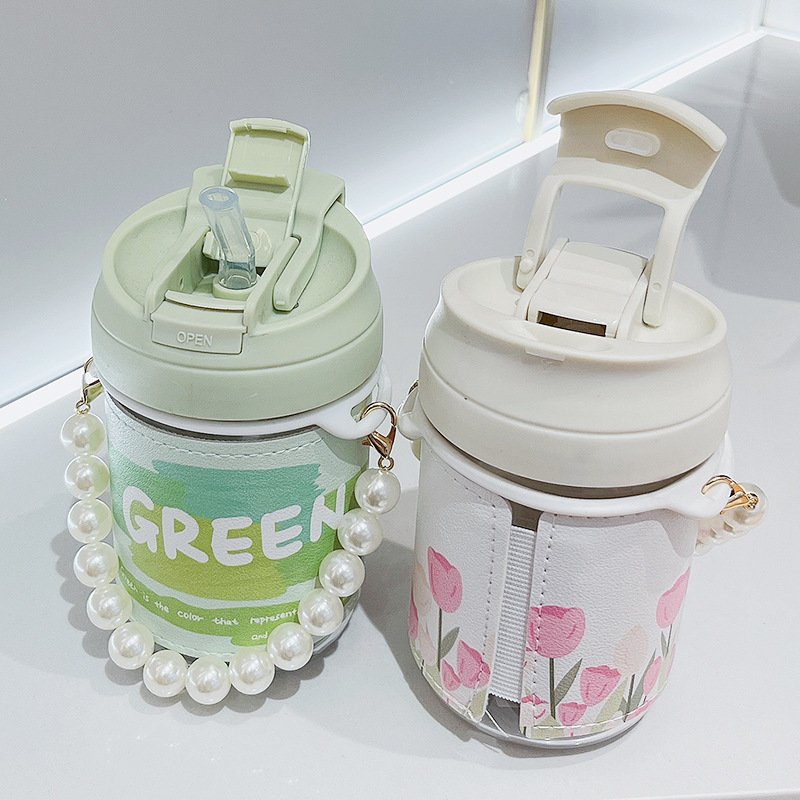 botellas de vidrio Kawaii Water Bottle Pearl Chain Water Bottle Double Drink Glass Juice Milk Portable Leak-proof Coffee Cup