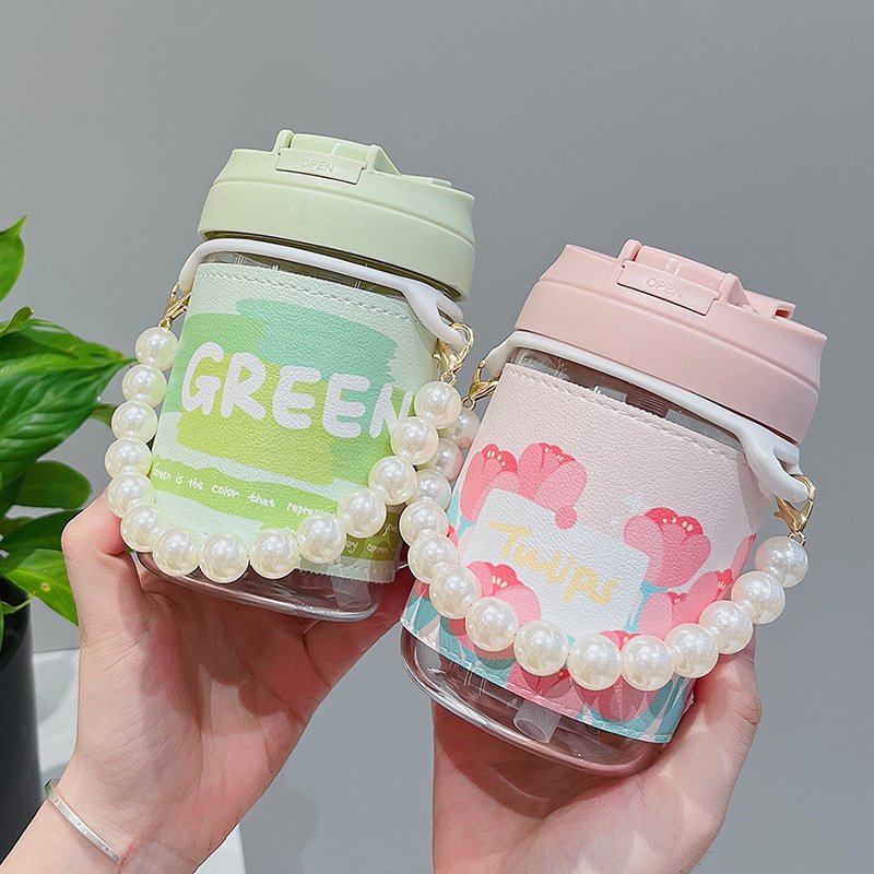 botellas de vidrio Kawaii Water Bottle Pearl Chain Water Bottle Double Drink Glass Juice Milk Portable Leak-proof Coffee Cup