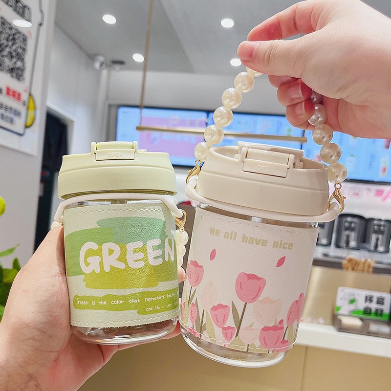 botellas de vidrio Kawaii Water Bottle Pearl Chain Water Bottle Double Drink Glass Juice Milk Portable Leak-proof Coffee Cup