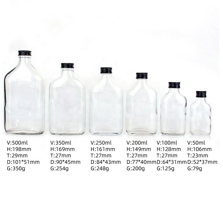 In stock flask glass wine bottle flat liquor glass bottle with metal lid