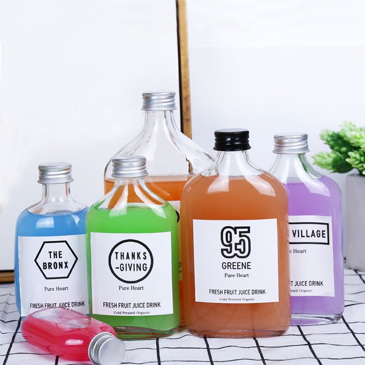 In stock flask glass wine bottle flat liquor glass bottle with metal lid