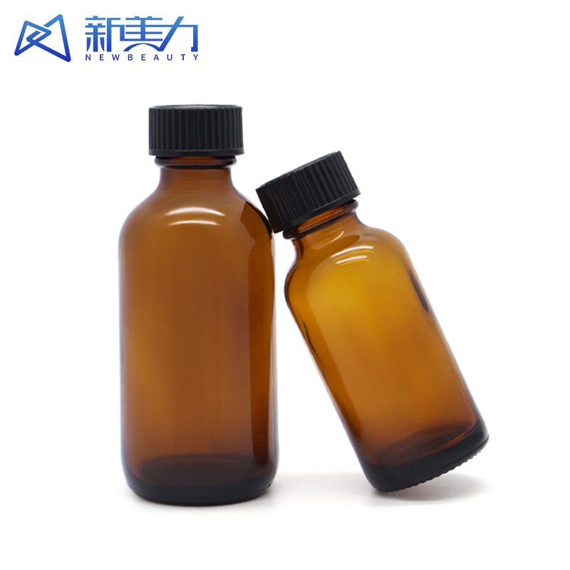 Custom 15ml 30ml 60ml thick bottom cosmetic amber boston round glass bottle amber glass shampoo bottles