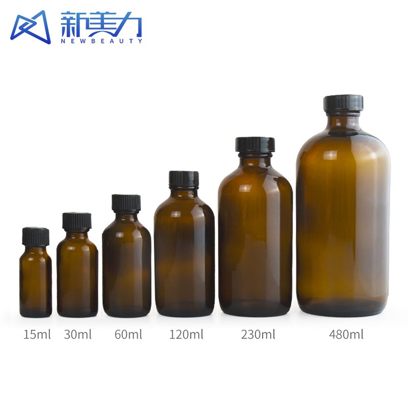 Custom 15ml 30ml 60ml thick bottom cosmetic amber boston round glass bottle amber glass shampoo bottles