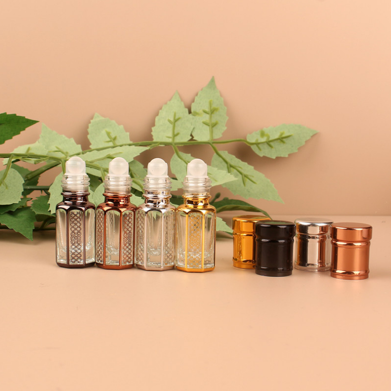 3ml Black Glass Body Hair Oil Bottles Roll on Perfume Attar Oud Gold Cap 6ml Capacity Cosmetics Packaging Dubai"