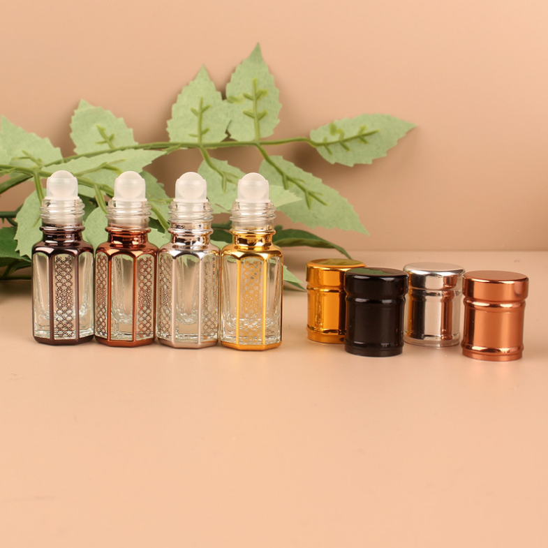 3ml Black Glass Body Hair Oil Bottles Roll on Perfume Attar Oud Gold Cap 6ml Capacity Cosmetics Packaging Dubai"