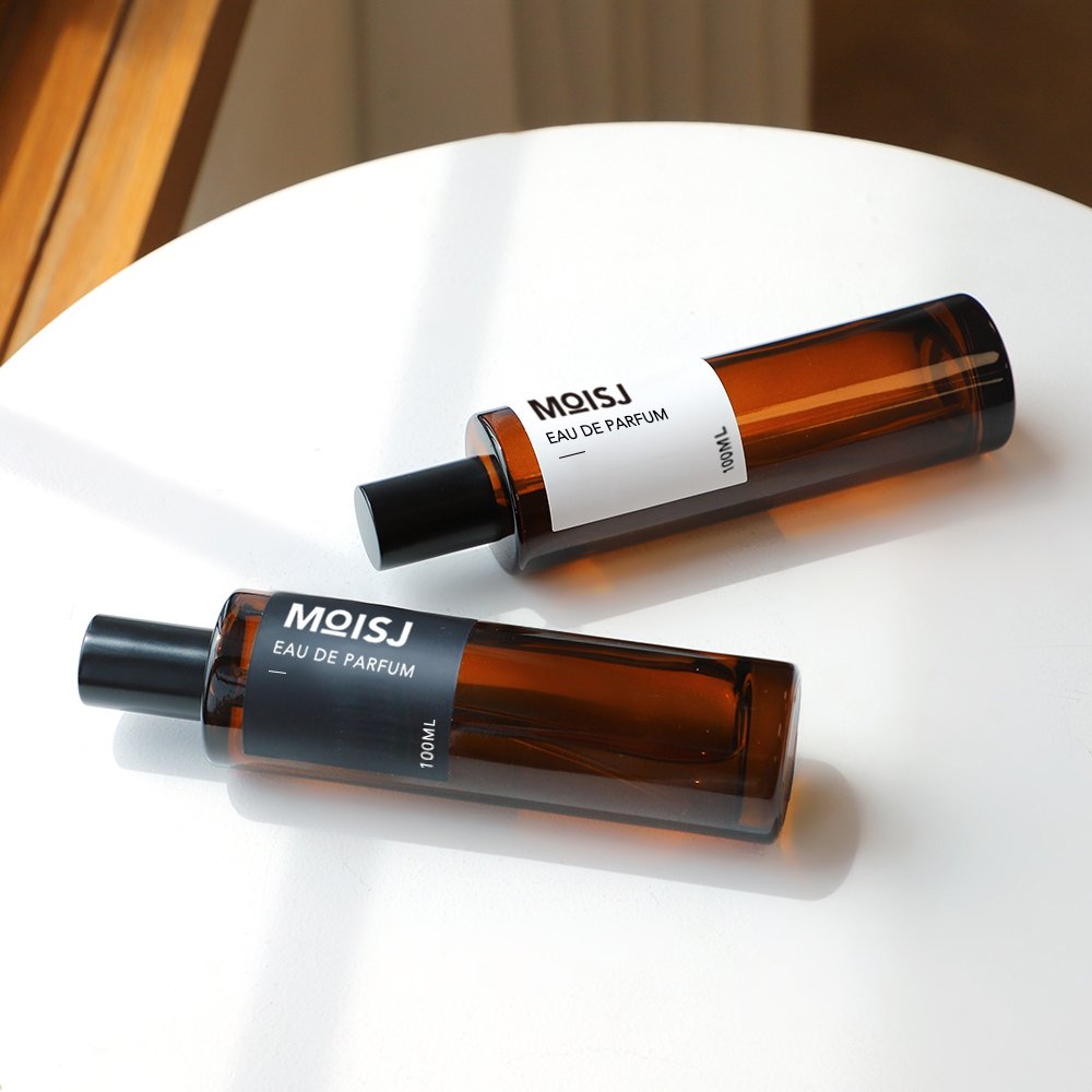 100ml Luxury Empty Slim Tall Cylinder Perfume Spray Fragrance Amber Glass Bottle With Glossy Black Aluminum Cap