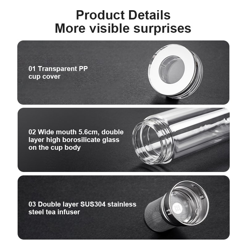 Custom Logo Double Layer High Borosilicate Glass Water Bottle Business Water Flask With Tea Infuser