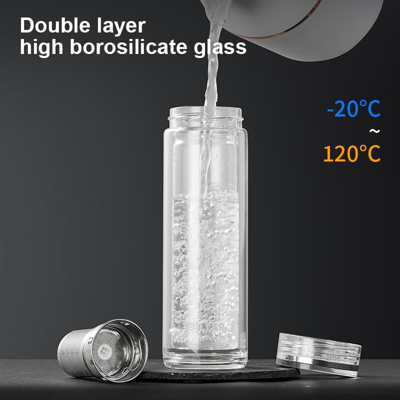 Custom Logo Double Layer High Borosilicate Glass Water Bottle Business Water Flask With Tea Infuser