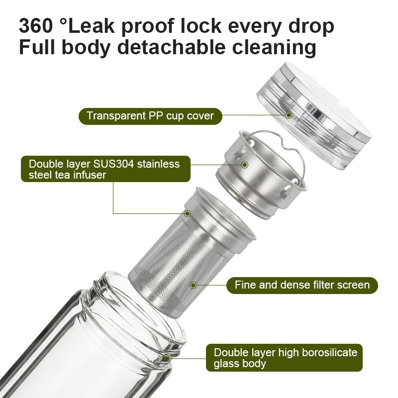 Custom Logo Double Layer High Borosilicate Glass Water Bottle Business Water Flask With Tea Infuser