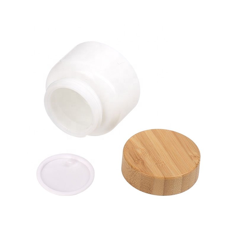 round opal glass bottles 30ml 50ml 100ml 120ml cosmetic bottle with bamboo lotion pump and 50g face cream jar with bamboo lid